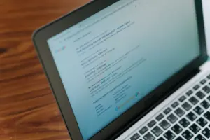 A person comparing website addresses on a laptop